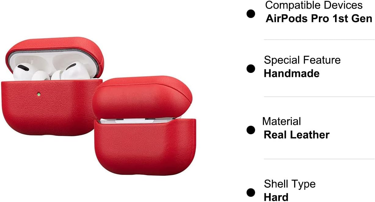 AirPods Pro Full Grain Leather Case, Lopie [Handmade Series] Cowhide AirPods Pro Cover Protective Skin, Shockproof Shell Dust/Dirt Proof Case for AirPod Pro (Not for AirPods Pro 2nd Gen) - Red [Cow Leather]-Red