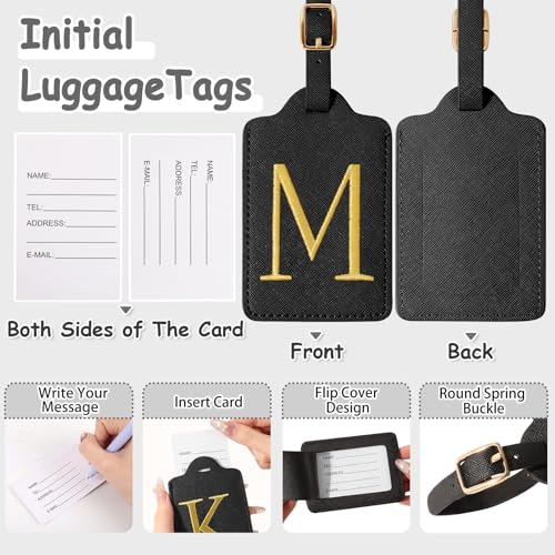 Image of Personalized Initial Luggage Tags for Suitcases, Cute PU Leather Embroidered Letter Travel Luggage Tags, Suitcase Identifier Name Baggage Tag, Bag Tags for Men Women Kids Luggage Handbags(Black M)