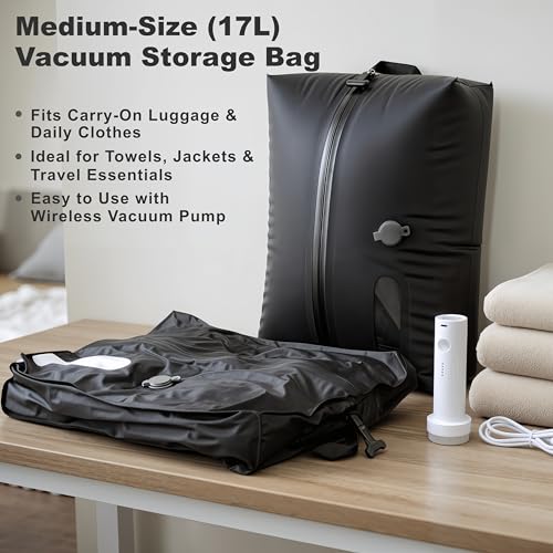 Travel Vacuum Compression Bag, IP67 Waterproof Space Saver Packing Cube for Suitcase, Backpack & Luggage, Reusable Organizer with One-Way Valve & Durable TPU Material (1Pack with Pump,17L)2