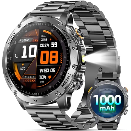 Military Smart Watches for Men, 1.7″ Smart Watch with 1000 mAh Battery, Led Flashlight, Answer/Make Calls, Heart Rate/Sleep Monitor 100+ Sport Modes Fitness Watch for Android/iPhone (2 Straps)