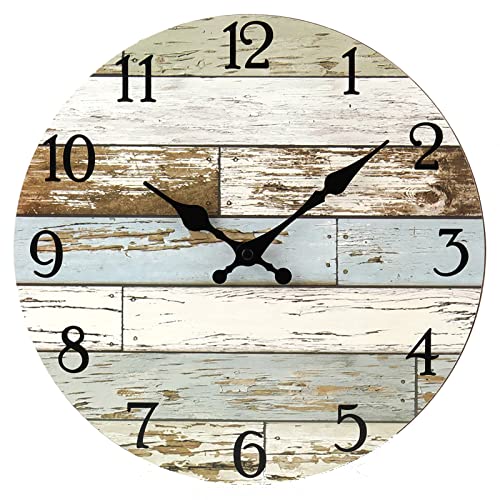 Indoor Outdoor Clock - Outdoor Wall Decor For Patio Pool Porch Home,Rustic Country Wooden Decorative Wall Clocks Battery Operated Quality Quartz Silent - 12 Inch Brown & Blue #TOP25