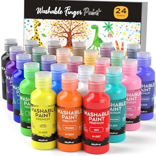 Nicpro Fingerfarben Ungiftig Kinder Abwaschbares,24 Farben Kreativfarbe Set | 60 ml Temperafarben, Ungiftig & Intensive Farbe, fingermalfarbe für Kunst, Handwerk Diy, Schule, Weihn