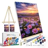 JOOZ Flowers Paint by Numbers Kit for Adults with Frame, Sunset Mountain Paint by Number with Easel, DIY Adult Paint by Number Kits on Canvas Landscape for Home Wall Decor 8 x 12 Inch