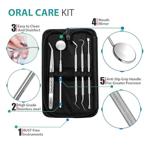 GTEX Zahnsteinentferner Zahnreinigung Set, Zahnpflege Set für den Heimgebrauch – Persönliche und Haustier-Mundhygiene – Mit Zahnspiegel - Zahnreinigung Zwischenräume (5 Stück)