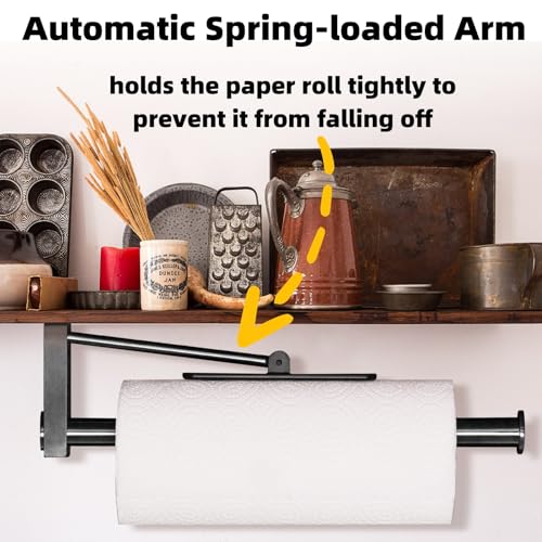 Image of Upgraded Kitchen Paper Towel Holder - One-Hand Tear Under Cabinet Stick-on Towel Rack for Hanging Paper - First Apartment Essentials Wall Mount Self Adhesive Stainless Steel Rack Fits Black