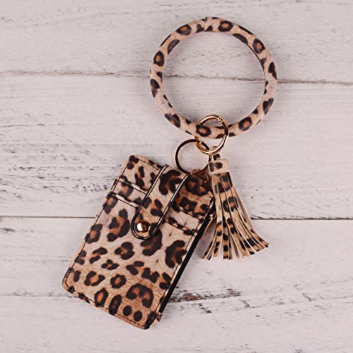 Lantintop Multifunctional Bangle Key Ring Card Holder Pu Leather Round Keychain With Matching Wristlet Wallet For Women Girls (Zipper Leopard) #TOP1