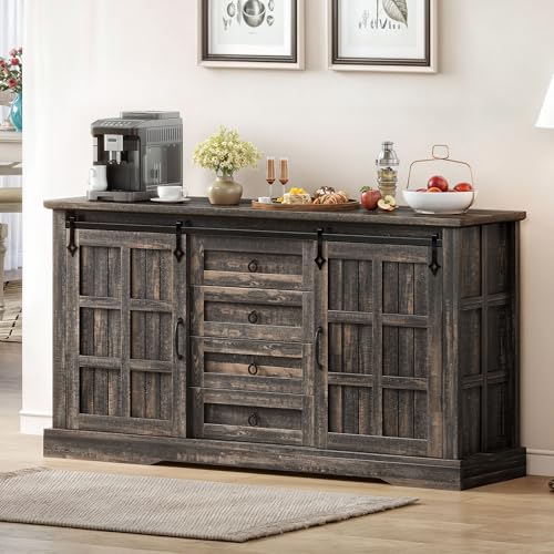 DWVO Farmhouse Sideboard Buffet Cabinet with Storage, Large Kitchen Storage Cabinet w/Sliding Barn Doors and Drawers for Dining Room, Living Rool, Dark Rustic Oak