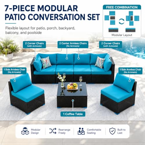 Image of 7 Piece Outdoor Sectional Outdoor Patio Furniture Set, Outdoor Patio Furniture Set with Coffee Table, Sectional Couch Sofa with Cushions, Wicker Outdoor Conversation Set for Backyard & Garden, Blue