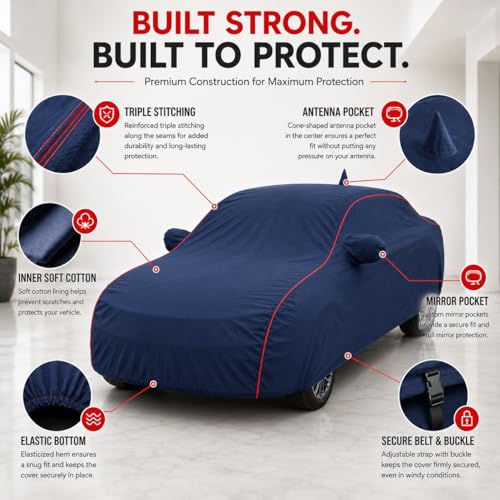 Image of Premium Car Cover for BMW 3 Series Gran Limousine Model | Waterproof, UV & Dust Protection | Mirror & Antenna Pocket | Triple Stitched, Soft Inner Lining, Belt & Buckle (Navy Blue)