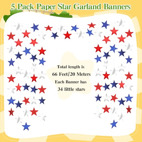 Image of Red White and Blue Star Garland Banner, 66 Feet Patriotic Star Hanging Streamer 4th of July Banner Star Backdrop Decor for 4th Fourth of July Independence Memorial Veterans Labor Day Party Decorations