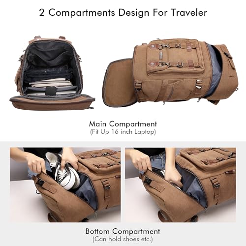 WITZMAN Travel Backpack for Men Women Canvas Backpack Carry on Luggage Rucksack Convertible Duffel Bag Large (A568 Brown)4