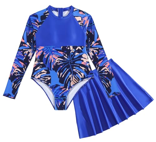 Image of SEAUR Teen Girls Rash Guard Set Two Pieces Printed Zipper Swimsuit Skirt with Skirt Long Sleeve Zipper Swimsuit Surfing Suits Beach Swimwear Dark Blue 12 Years