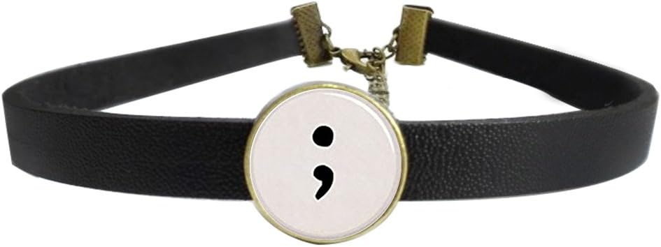 WAZZIT Vintage Choker Neck Collar Semicolon Semi-Colon Goth Punk Leather Necklace with Glass Pendant