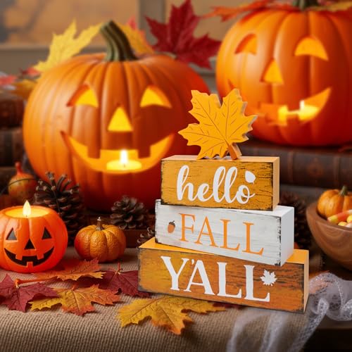 Image of 4 Pcs Hello Fall Decor Wooden Tiered Tray Decor, Maple Leaf Autumn Decorations Gifts for Home