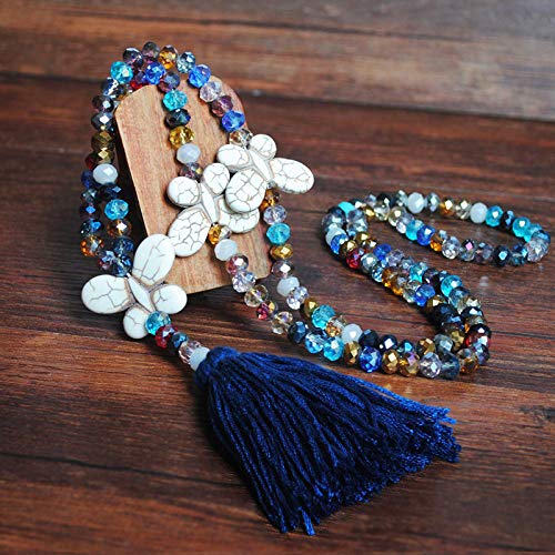 Ywoow Women Butterfly Pendant Tassel Sweater Chain Hand-Made Crystal Bead Necklace, Tassel Color Crystal Necklace White Turquoise Bow s