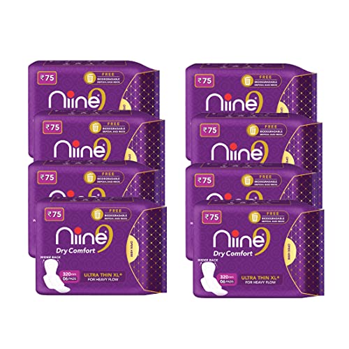 Image of NIINE Dry Comfort Ultra Thin XL+ Sanitary Napkins for Heavy Flow (Pack of 8) 48 Pads with Free Biodegradable disposable bags