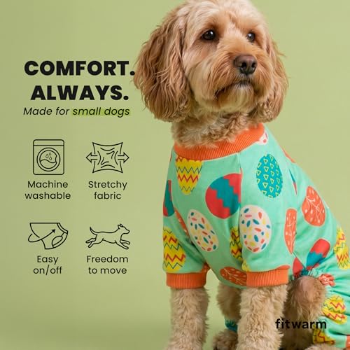 Image of Fitwarm Easter Egg Dog Pajamas, Holiday Dog Clothes for Small Dogs Girl Boy, Pet Easter Outfit, Puppy Cat Onesie, Lightweight Velvet, Light Green, Orange, Medium