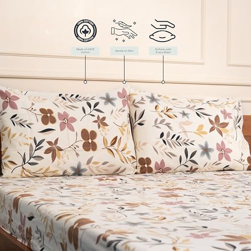 Image of Amazon Brand - Umi Cotton Fitted Bedsheet, Queen Size 78x60 Inches, Elastic Fit Bed Sheet, 10 Inch Deep Pocket, Soft Breathable Bedding, Durable Easy Care, with Pillow Cover-Earthy Flora