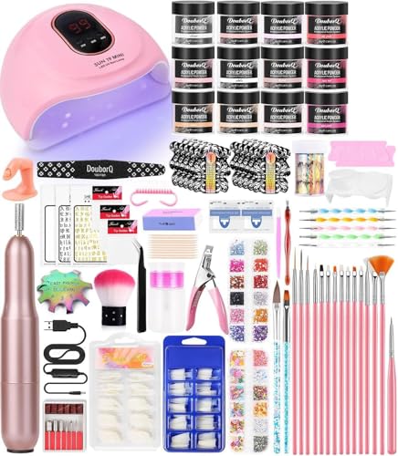 DouborQ Kit d'ongles en acrylique avec perceuse à ongles électrique, lampe à ongles, faux ongles, kit de démarrage pour débutant avec tout (kit de 12 couleurs – Couleur D)