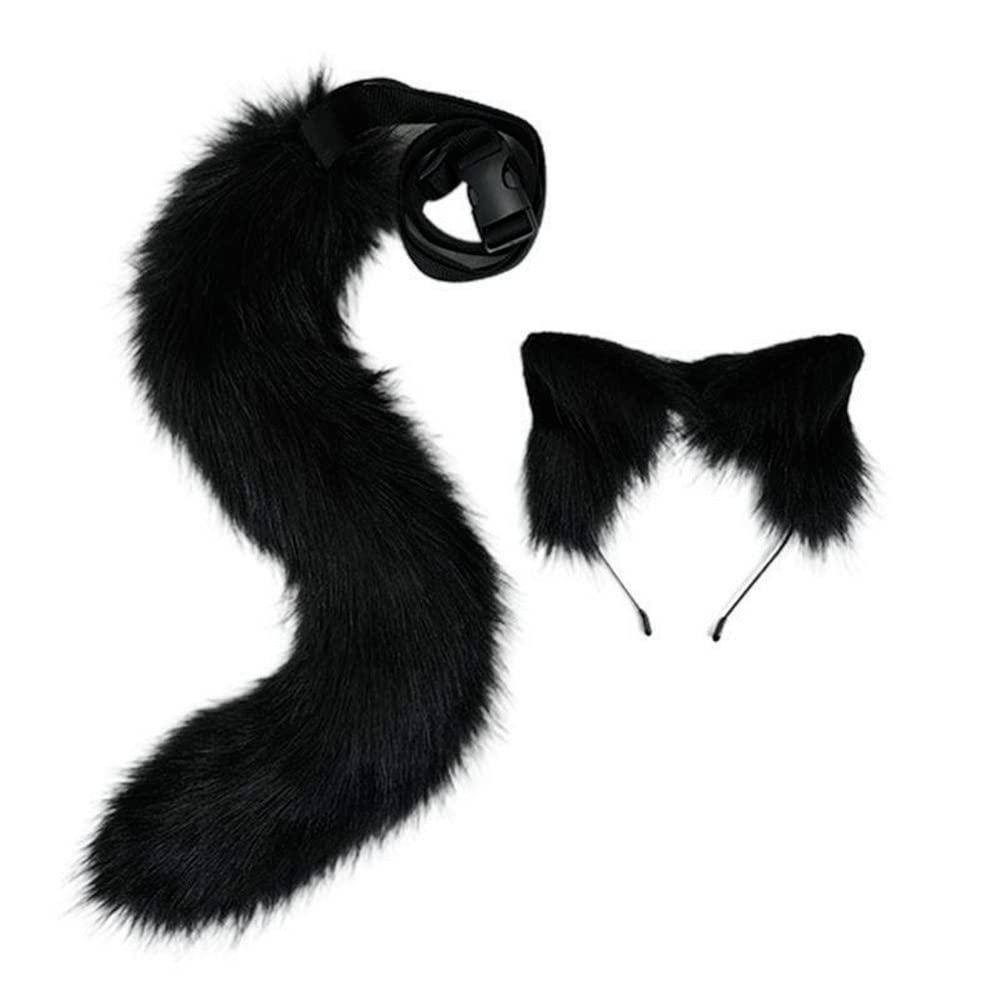 Ansu Black Fox Dog Wolf Animal Cosplay Plush Furry Ears Headband And Tail Costume Plush Tail Props (Black)