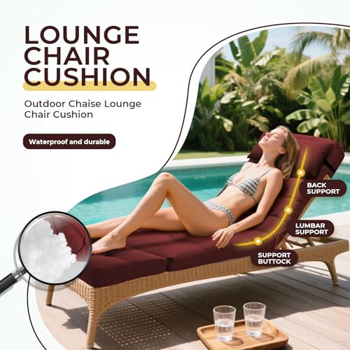 CEAWTUMY Outdoor Chaise Lounge Chair Cushion Waterproof 74.4 x 22 x 4.7 Inches Lounge Chair Cushions Thickened with Headrest and Pocket for Outdoor Furniture, Replacement Pool Lounge Cushions, Red by CEAWTUMY - Used condition - Image 2