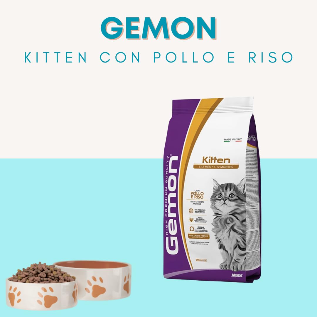 GEMON Gatto Kitten con Pollo e Riso | alimento secco completo per gattini in accrescimento, monoproteico, senza conservanti artificiali aggiunti, Made in Italy, 1 confezione da 7kg.