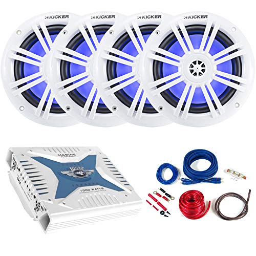 2 Pair (Qty 4) of Kicker 6.5" 150 Watt Max Power 2-Way Marine Multicolor LED Audio Speakers (White), 4-Channel Bluetooth Amplifier w/Install Kit
