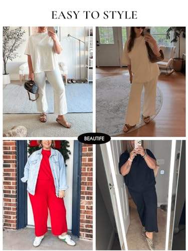Beautife Women's Plus Size 2 Piece Outfits 3/4 Batwing Sleeve Capelet Crew Neck Pullover Top Wide Leg Pants Lounge Set4