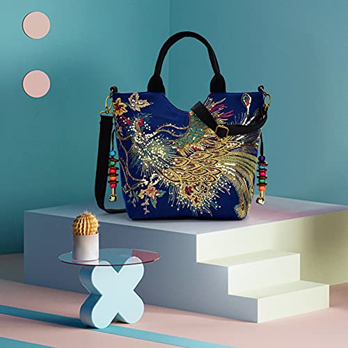 Cymwer Moda damska torba na ramię pawie haft płótno torba crossbody na co dzień damskie koraliki wisiorek duża pojemność torebki, NIEBIESKI, 350x270x120mm/13.78x10.63x4.72inch