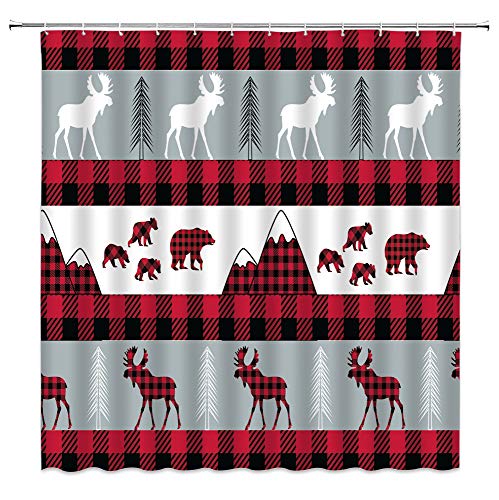Bear Shower Curtain Rustic Buffalo Plaid Farmhouse Cabin Wild African Animal Bear Elk Deer Moose Vintage Hunting Home Bathroom Decor Fabric Curtain with Hooks?Red Black White
