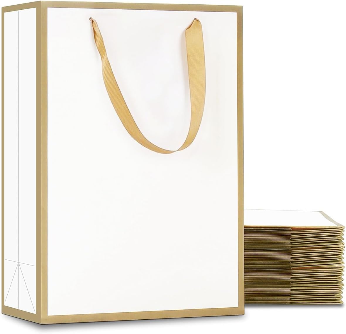 ECVV® 10Pcs Gift Bags,H22*L16*D8cm Party Favors Cardboard Bags with Ribbon Handle Shopping Takeouts Candy Treat Christmas Birthday Wedding Business Bag-White with Gold Border