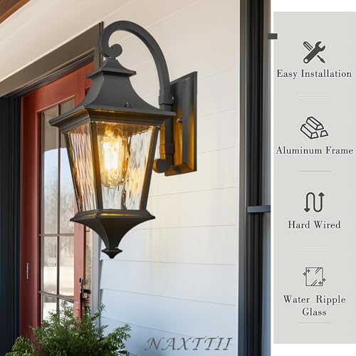 Image of Outdoor Wall Lights 21 Inch Large Size Exterior Porch Lights Wall Mount with Water Ripple Glass Black Outdoor Porch Light for Houses E26 Socket Downward Installation