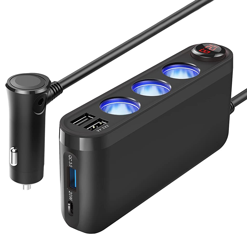 Car Charger, 120W 3Stocket Cigarette Lighter Splitter with 3 USB Ports