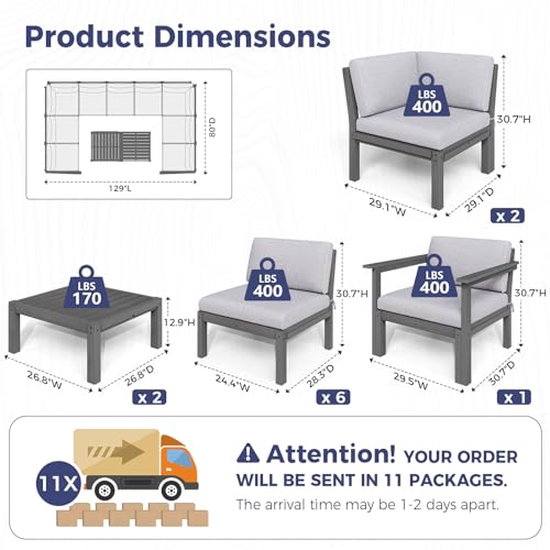 Image of Modular Outdoor Patio Conversation Set, 11-Piece U-Shaped Sectional Sofa Set with Coffee Tables & Thick Cushions, Easy Side Interlock, HIPS All-Weather Patio Furniture Set for Backyard, Deck, Poolside