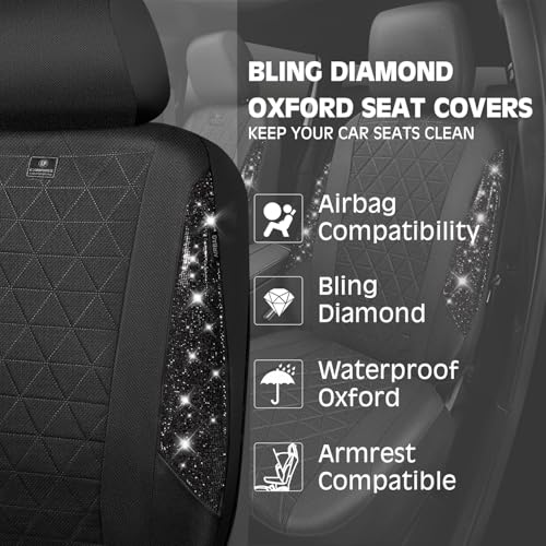 CAR PASS Oxford Bling Diamond Car Seat Covers Full Set Interior Sets, Waterproof Shining Glitter Sparkly Crystal Universal Armrest Fit 95% Automotive Truck SUV Cute Women Girl, All Black Rhinestone by CAR PASS - Used condition - Image 7