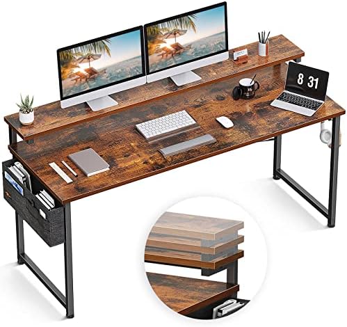 ODK Computer Desk with Adjustable Monitor Shelves, 63 inch Home Office Desk with Monitor Stand, Writing Desk, Study Workstation with 3 Heights (10cm, 13cm, 16cm), Rustic Brown