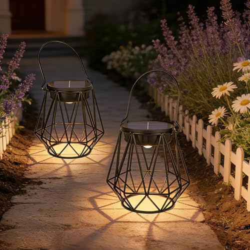 Ketom 2 Piezas Farolillos Solares Exterior, Farolillo Solar Exterior para Colgar Blanco Cálido, Metal IP65 Impermeable Farolillos Solares Retro LED para Patio Terraza Césped Camping Halloween