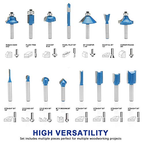 Renekton Tungsten Carbide Router Bits, 1/4in Shank, Woodworking Routing Drill Bits Kit with Wood Storage Case, 15 Piece