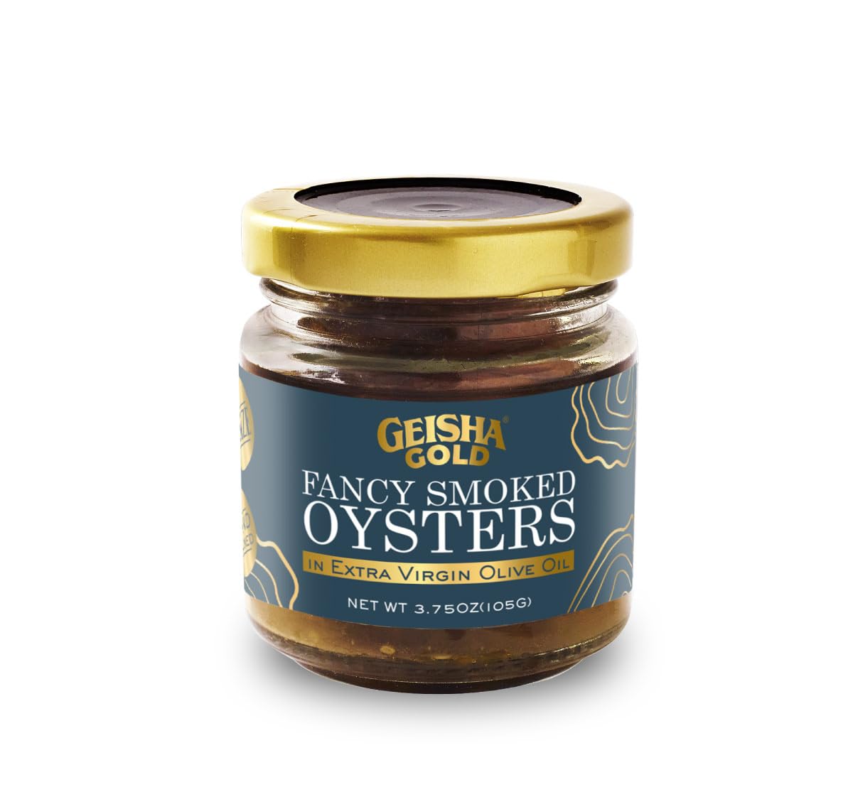 GEISHA GOLD Smoked Oysters in Extra Virgin Olive Oil 3.75oz(Pack of 6) in Jar, Smoked Oysters | Zero Trans Fat - No Sugar Added – Farm Raised – Rich in Iron(20% DV per serving) – Gluten Free – Good Source of Protein(14g per serving) – NON-GMO Project Verified – L size oyster
