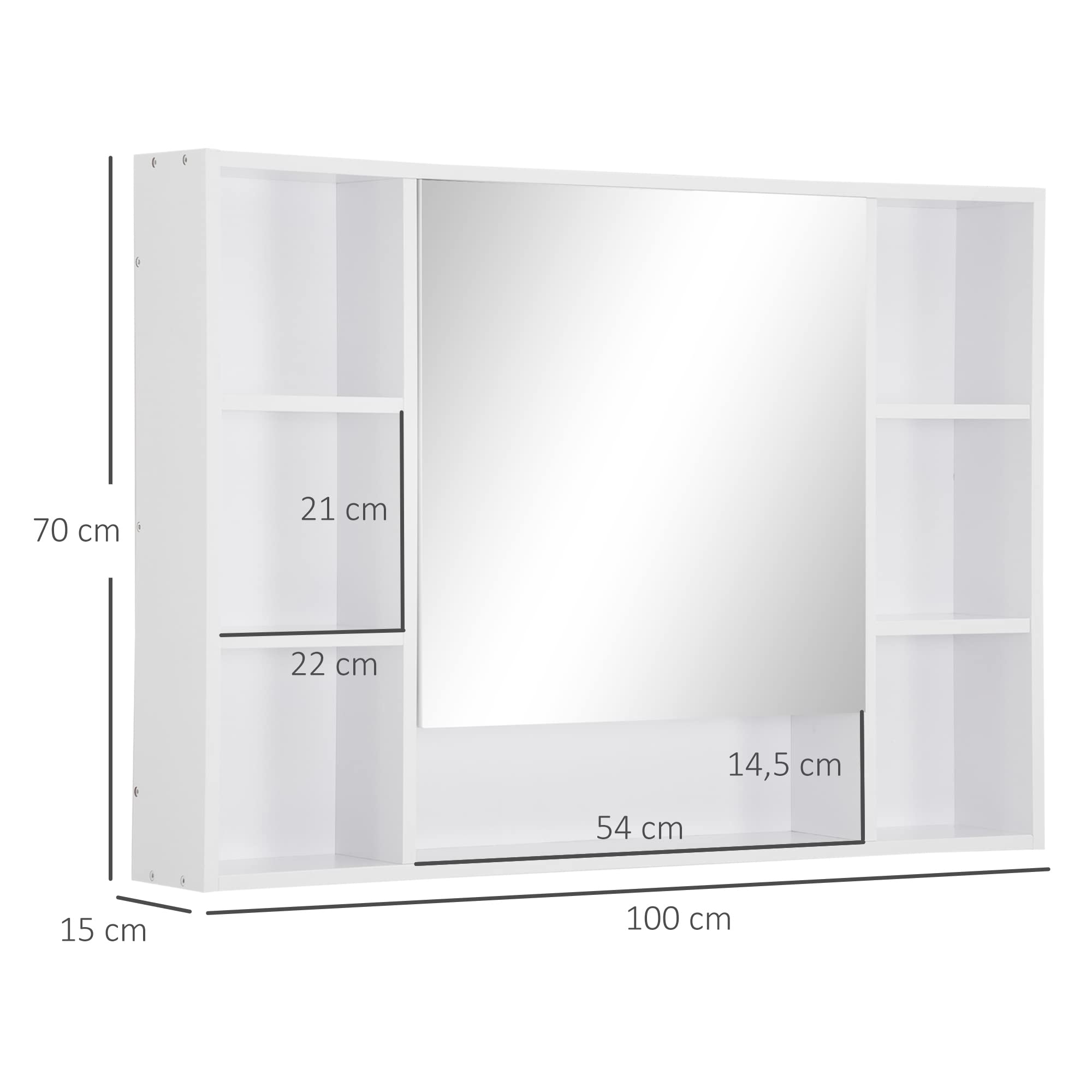 kleankin Armoire Murale Salle de Bain avec Miroir, 100 x 15 x 70 cm, Meuble Salle de Bain, Armoire de Toilette avec 7 étagères Ouvertes et Placard, Porte Ouverture et Fermeture lentes, Blanc