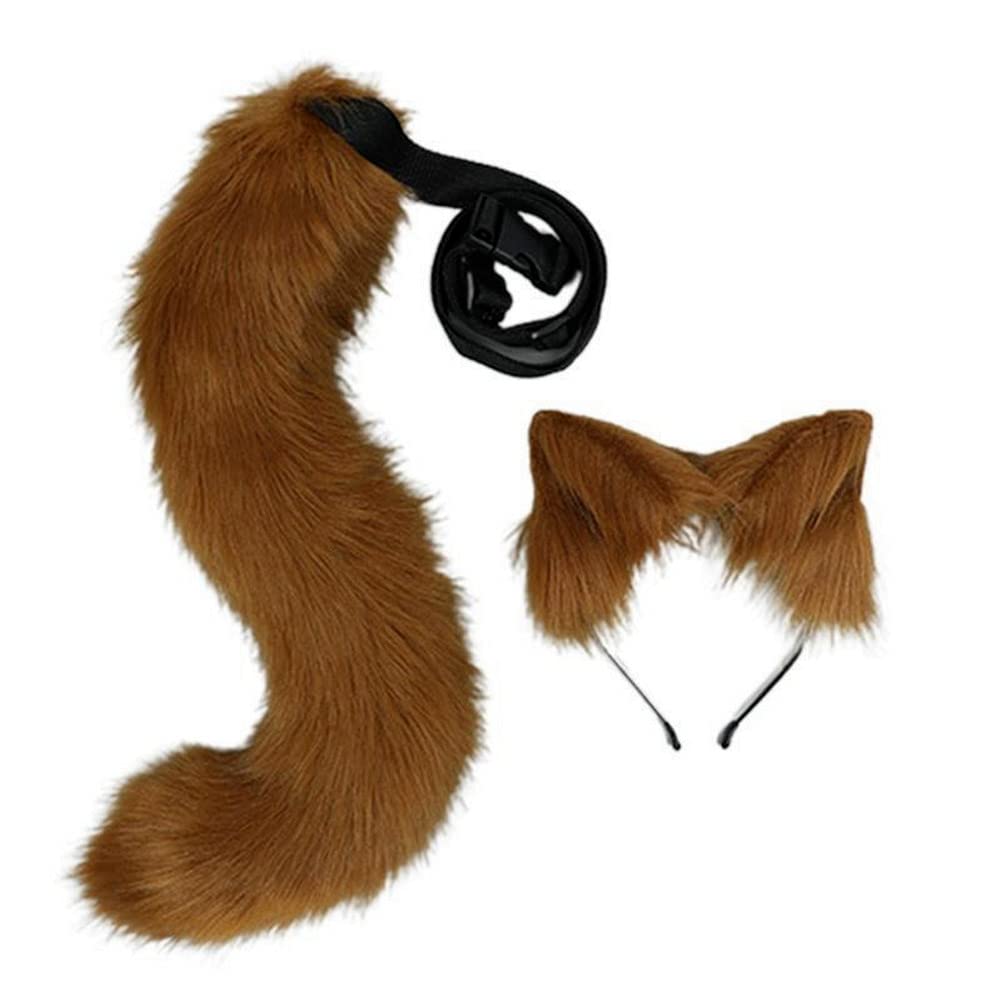 Ansu Brown Fox Dog Wolf Animal Cosplay Plush Furry Ears Headband And Tail Costume Plush Tail Props (Brown)