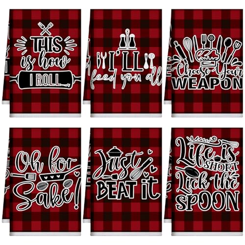 Image of Bencailor 6 Pcs Red Black Plaid Kitchen Towels Decorative Sets Dish Towels Absorbent Fast Drying Hand Tea Vintage Hanging Reusable Cleaning Dishcloths for Cooking Farmhouse Bathroom Accessory