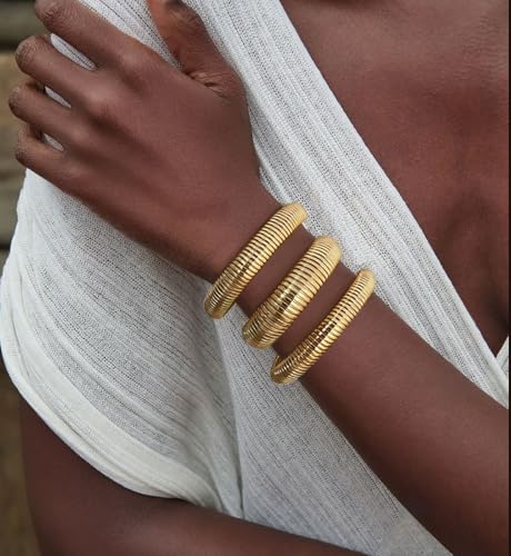 Chunky Gold Bangle Bracelets for Women, Big Thick Stretch Bangles Set, Trendy Stackable Bangle Bracelet Stack Fashion Accessories Boho Jewelry Gifts3
