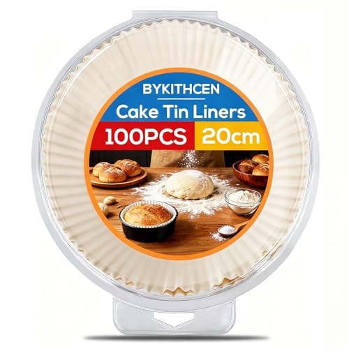 BYKITCHEN Cake Tin Liners 8 Inch Round 100PCS 20CM Greaseproof Parchment Paper Liner Disposable Non-Stick Baking Parchment Circles for Springform & Round Cake Tin & Air Fryer to Make Cake