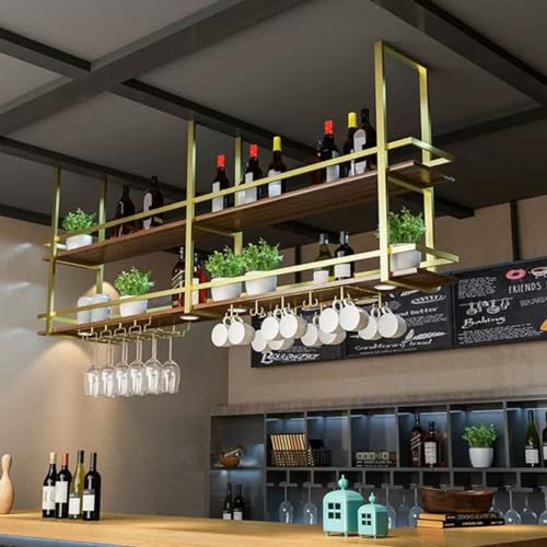 Botellero de Metal para Colgar en el Techo con Estante de Vidrio para Bar y Cocina. Portabotellas de Vino de 2 Niveles y Estante para Copas de Vino para cafetería y Restaurante.