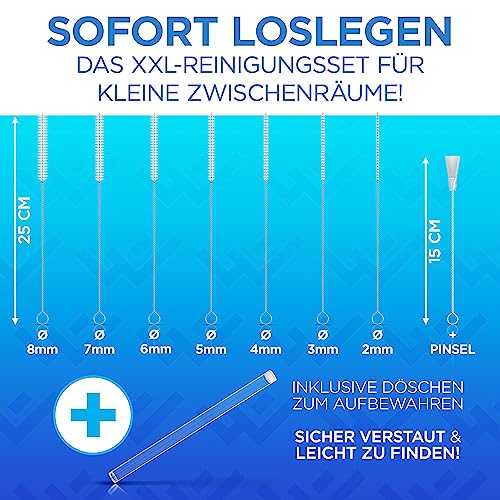 LOBENSWERK Reinigungsbürsten Set weiß [XXL - 25cm] mit 7 Bürsten und 1 Pinsel - Für kleine Zwischenräume, Milchschlauchbürste, Strohhalm Bürste + Aufbewahrungshülle