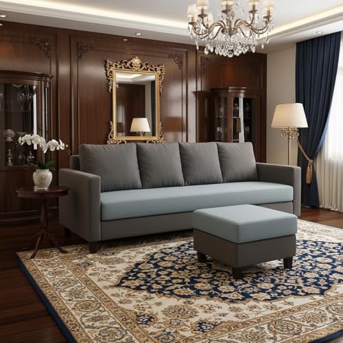 Image of FURNY Arnold 5 Seater L Shape Sofa Set with Movable Ottoman | Flexible Left or Right Layout | Plush Velvet Fabric (Dark Grey-Light Grey) | Perfect for Living Room, Guest Room & Office
