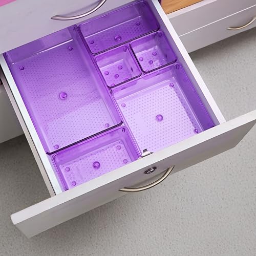 Image of Kuber Industries Acrylic Set of 7 Transparent Cosmetic Organizer Tray | Drawers Organisers for Kitchen, Office and Bathroom Vanity Makeup | Stationery Storage Drawer Divider Tray | Purple