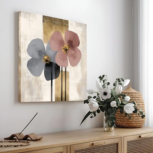 Image of PAINTINGMANTRA Modern Floral Abstract Stretched Canvas Painting for Living Room | Minimal Botanical Bloom Wall Decor Art For Livingroom, Bedroom, Office, Hallways - 16x16 Inch