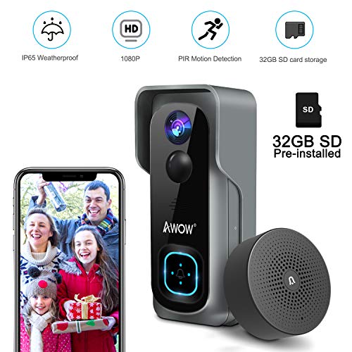 Doorbell Camera Video Doorbell Waterproof/1080P HD/32GB Micro SD Card/Night Vision/Two-Way Audio/160°Wide Angel/PIR Motion Detection for iOS & Android AWOW J1